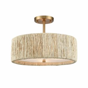 A semi flush ceiling light that has gold hardware and a light with a shade around it. 