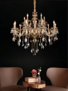 Gold chandelier with black background