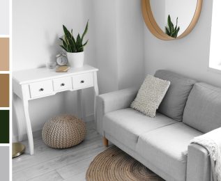 Sofa and table near window in interior of living room. Different